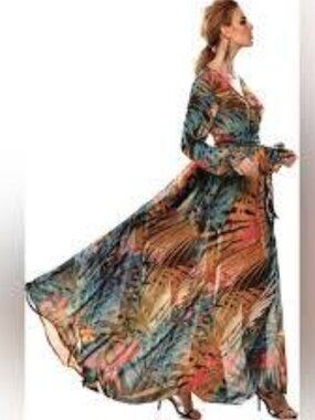 SPY Zone Exchange Chiffon Animal Print Flowy Full A-Line Maxi Dress Boho Chic L